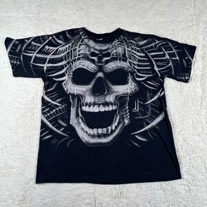 VTG Liquid Blue Shirt Mens M Black Skull Halloween Horror Scary 2000 Y2K 3D